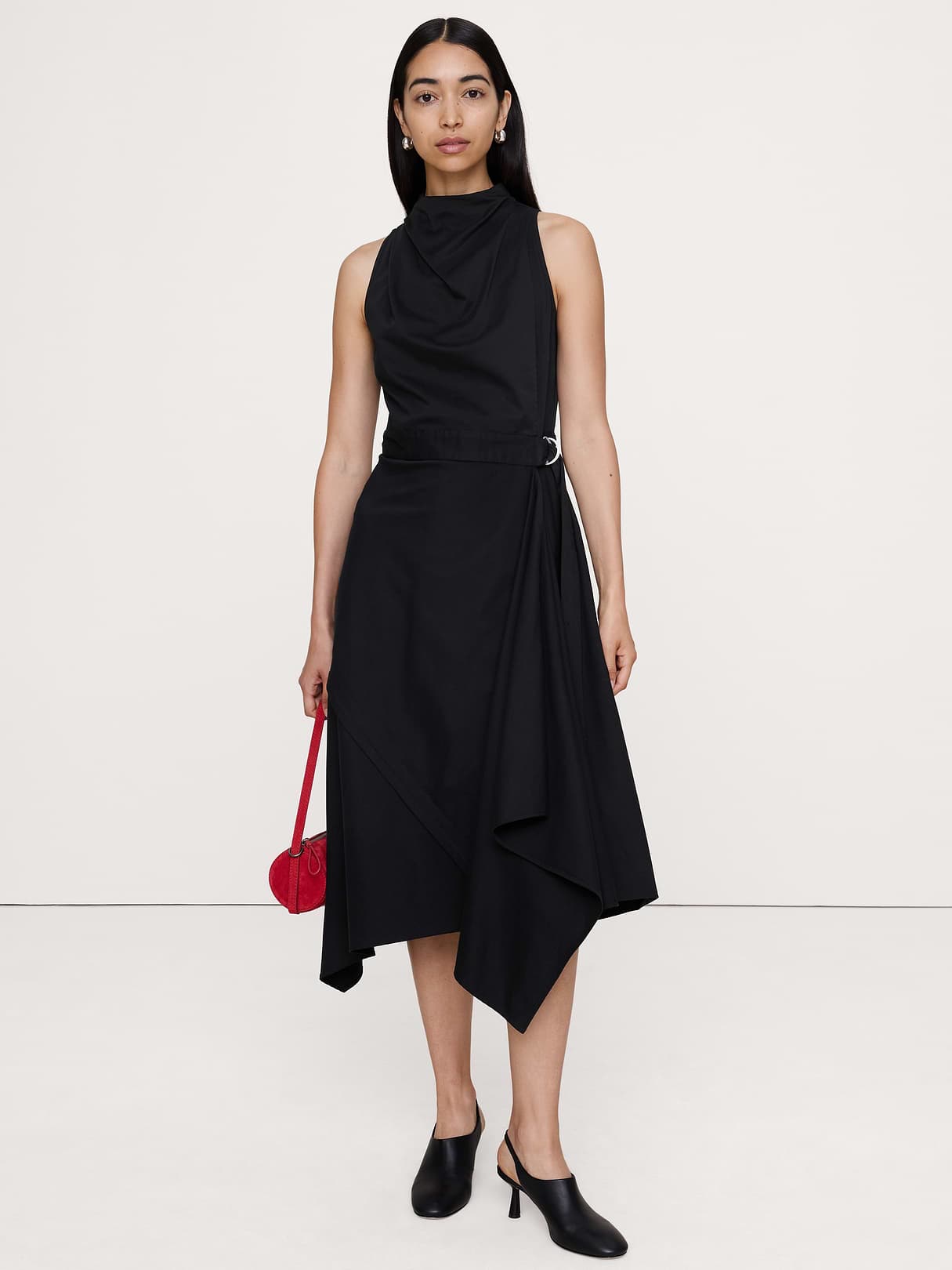Stretch-Cotton Cowl-Neck Midi Dress