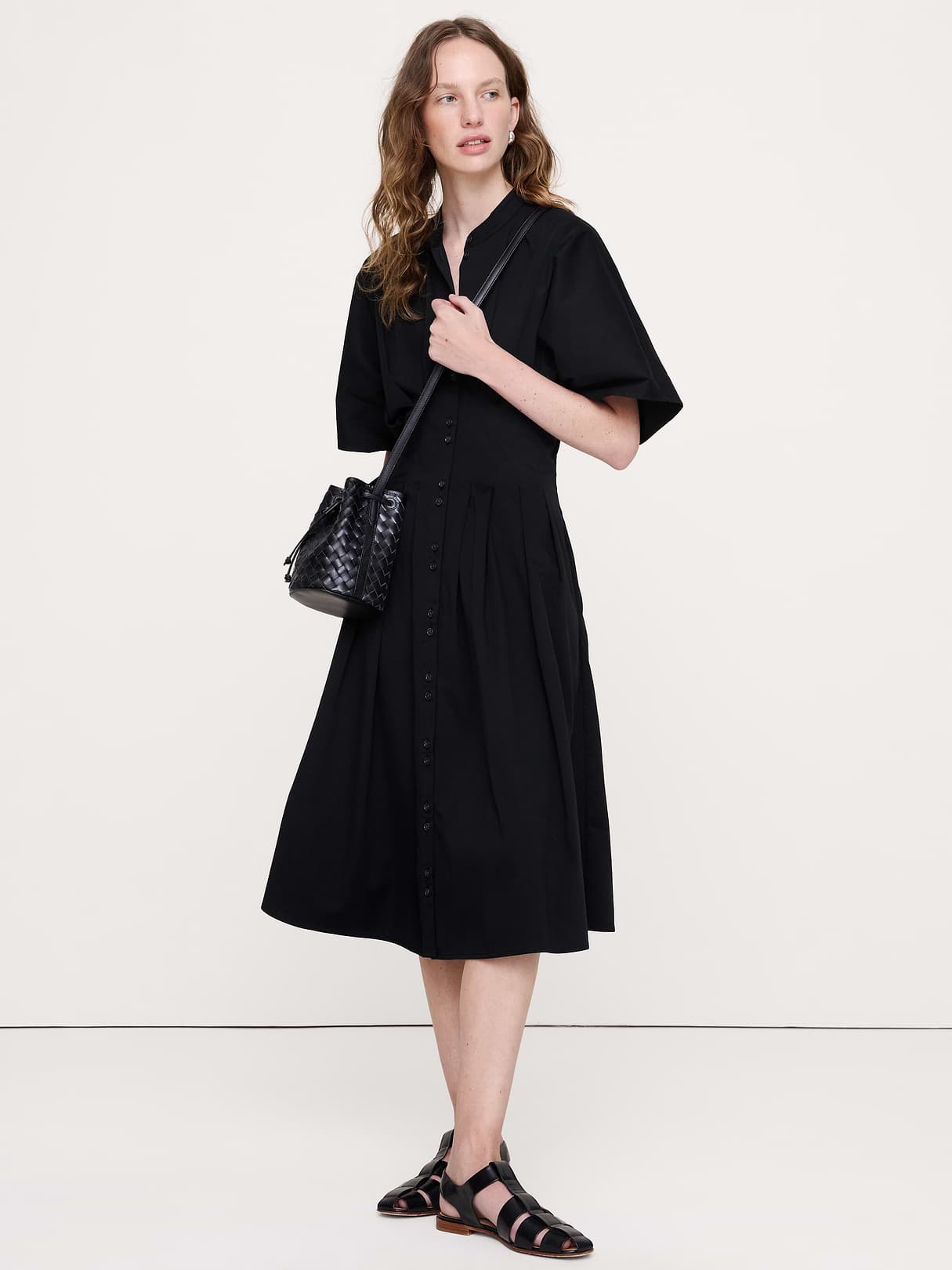 Stretch-Cotton Pleated Midi Shirt Dress