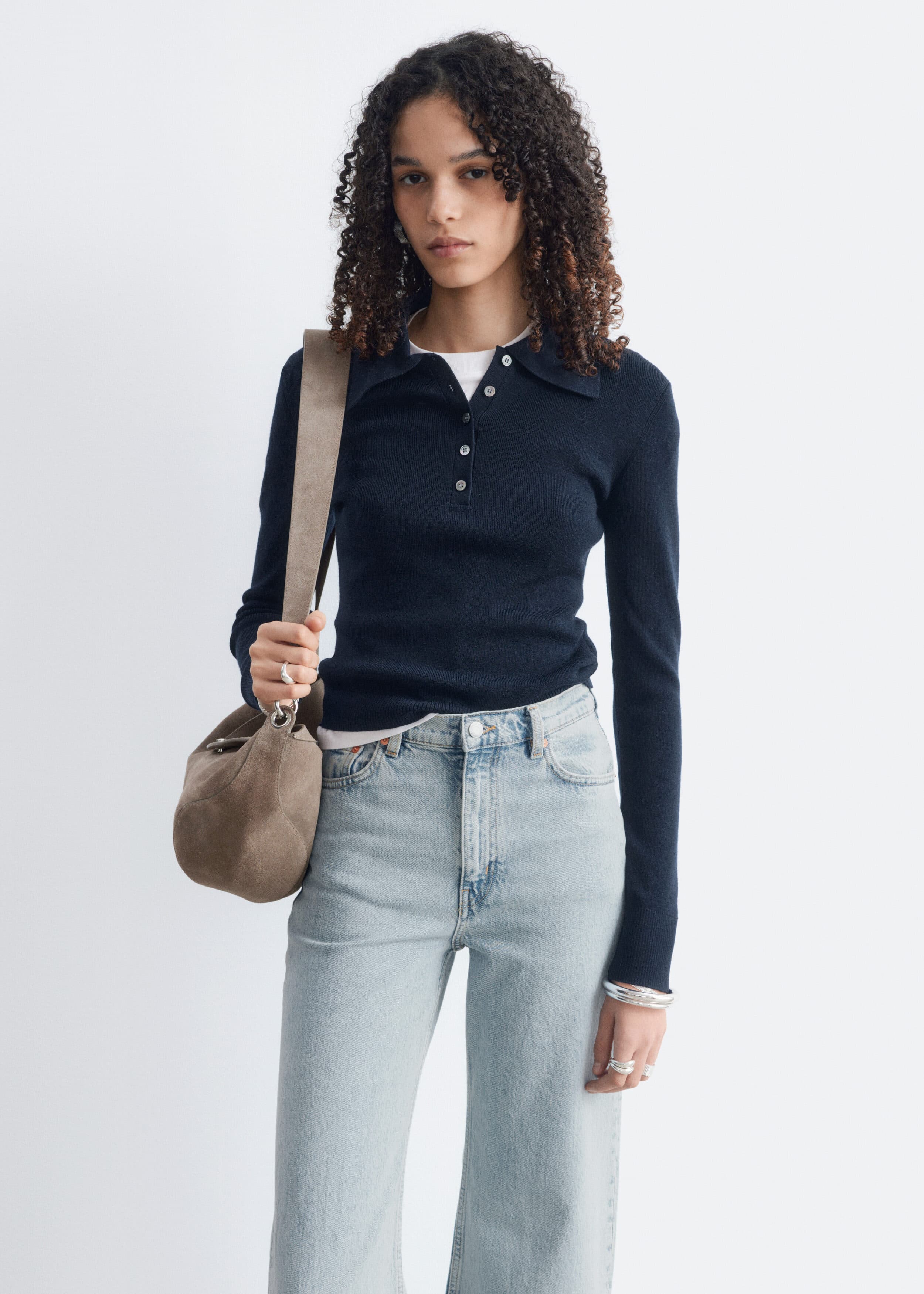Rib-Knit Merino Wool Polo Top - Dark Blue