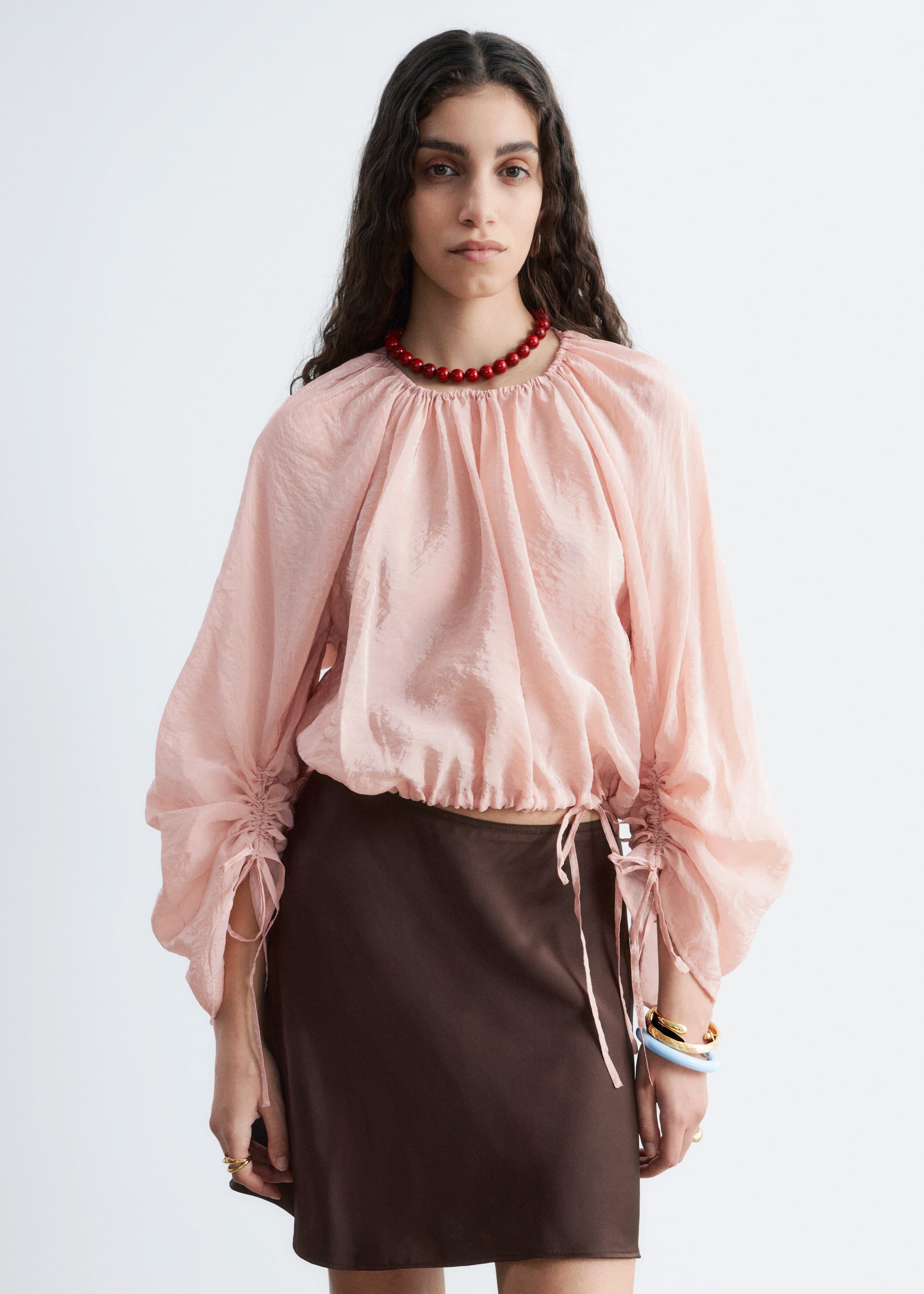 Voluminous Tie-Detail Blouse - Rose Beige