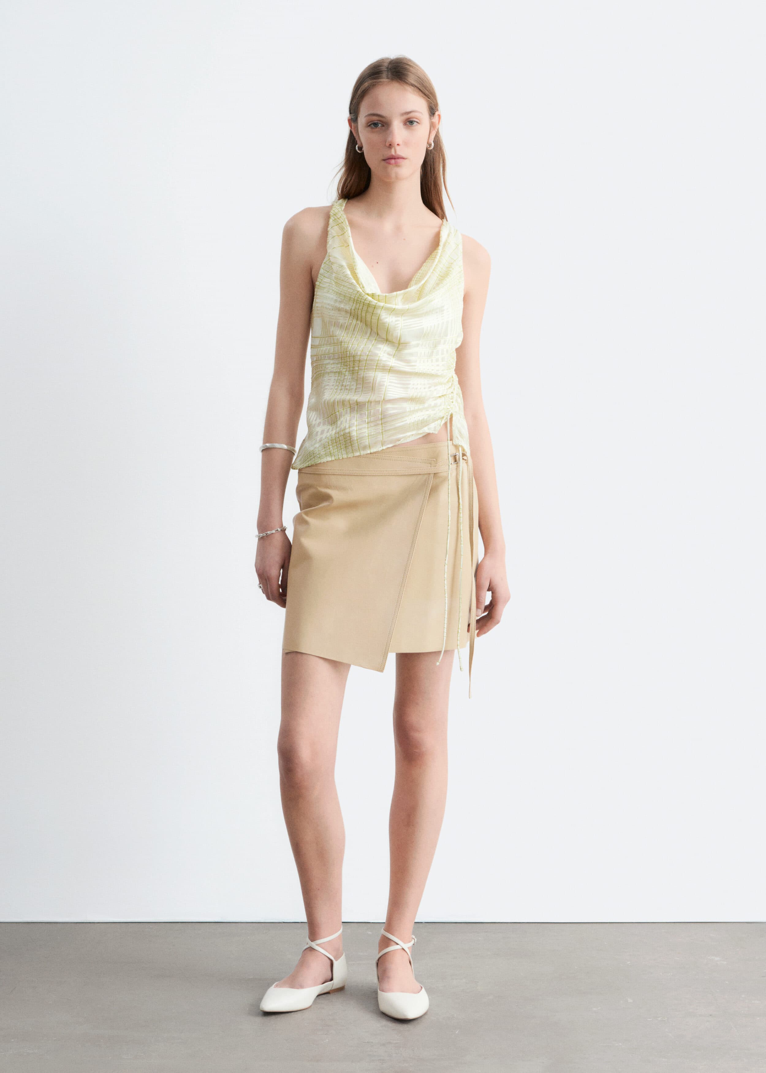 Leather Wrap Mini Skirt - Beige