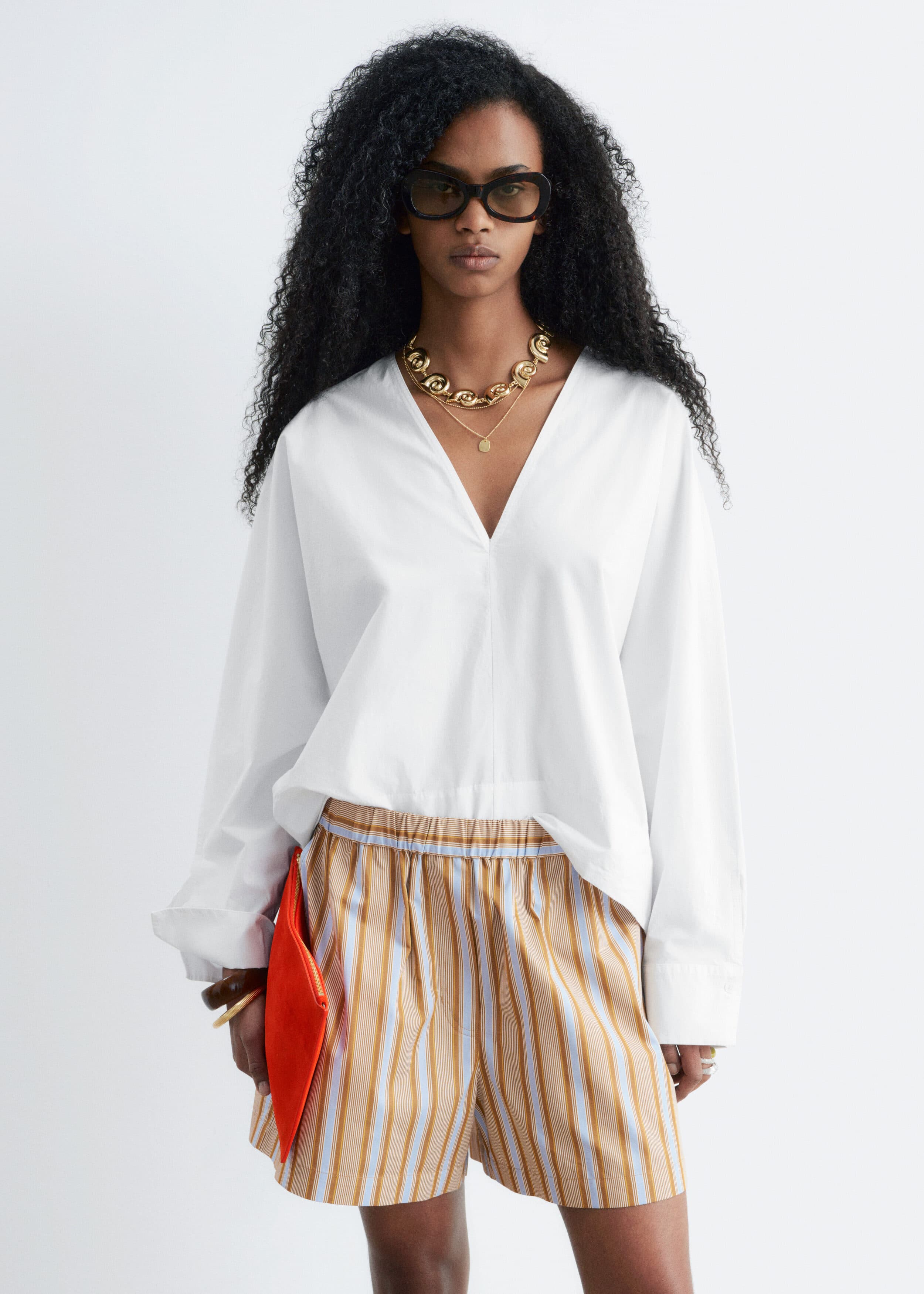 Sculptural Cotton V-Neck Blouse - White