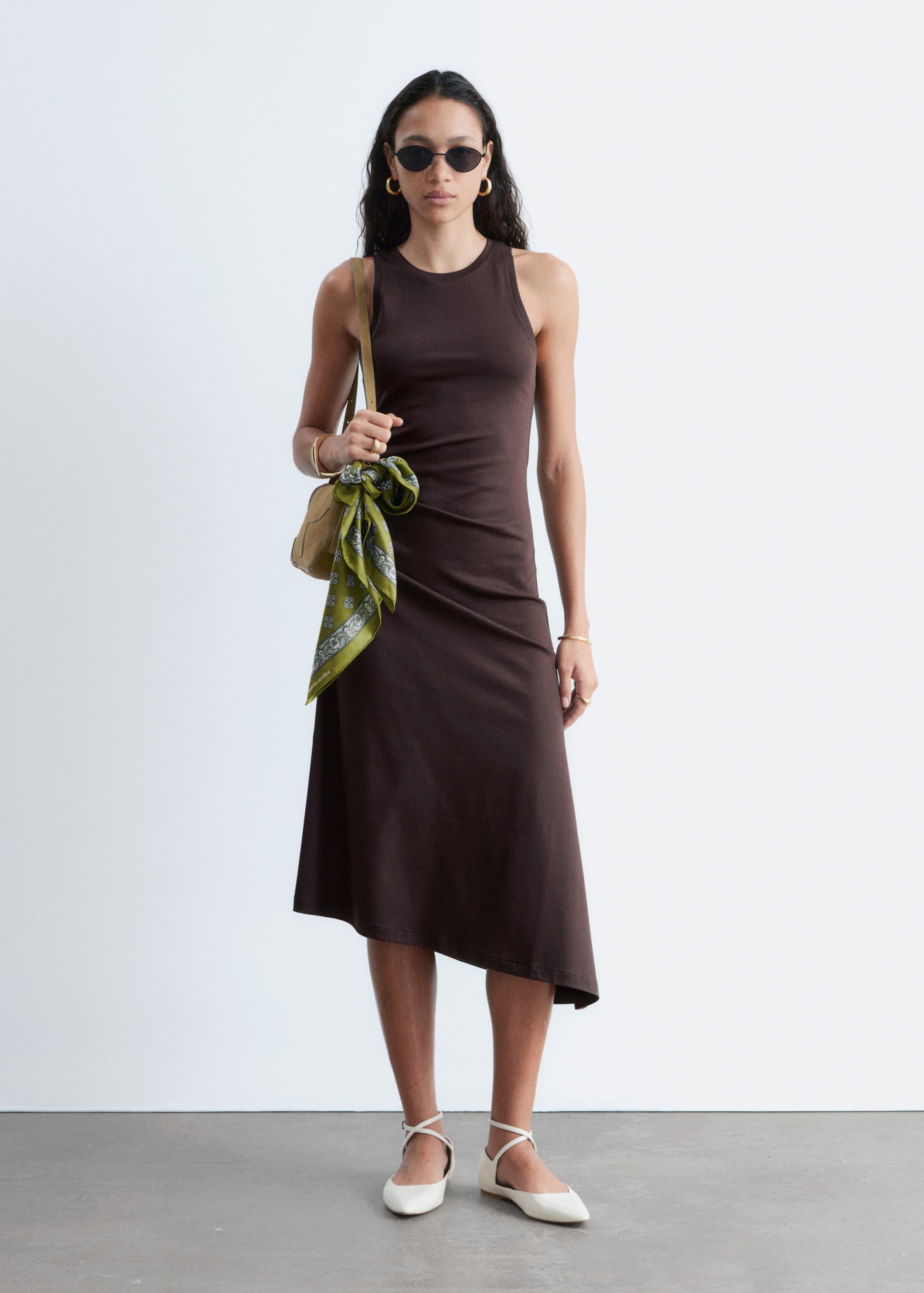 Ruche Asymmetric Midi Dress - Dark Brown