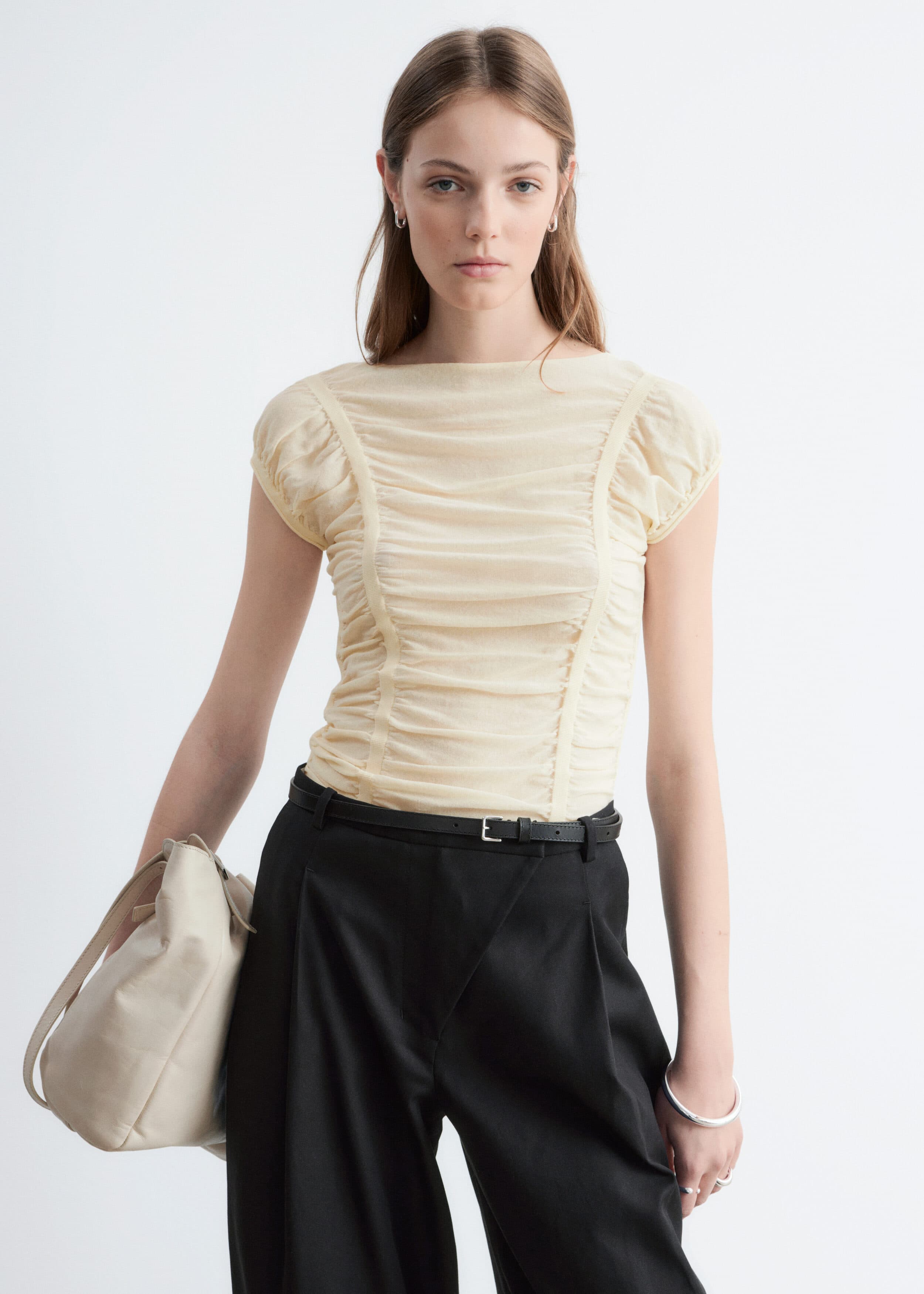 Ruched Cap-Sleeve Top - Beige