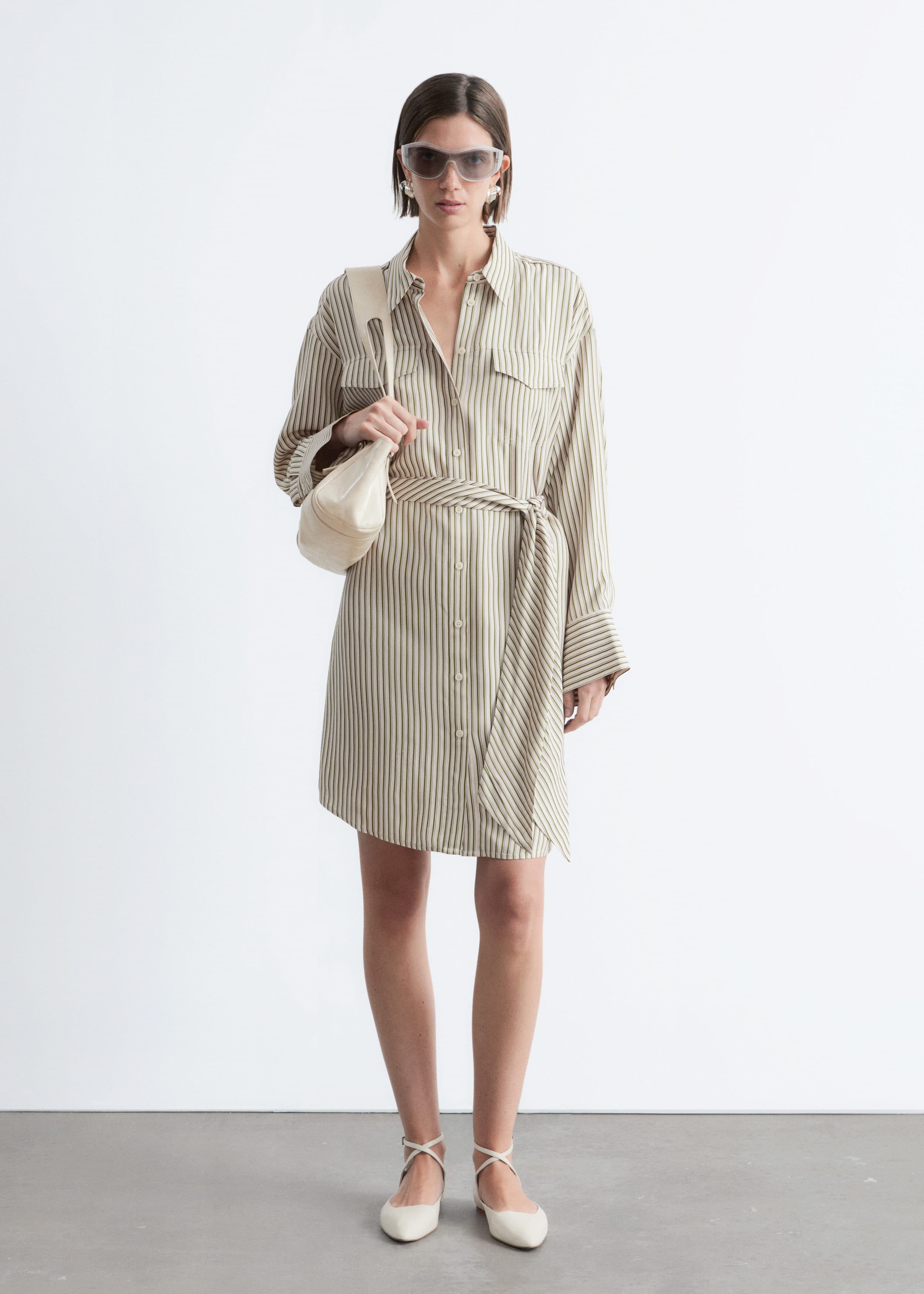 Tie-Belt Mini Shirt Dress - White/Green Pinstripes