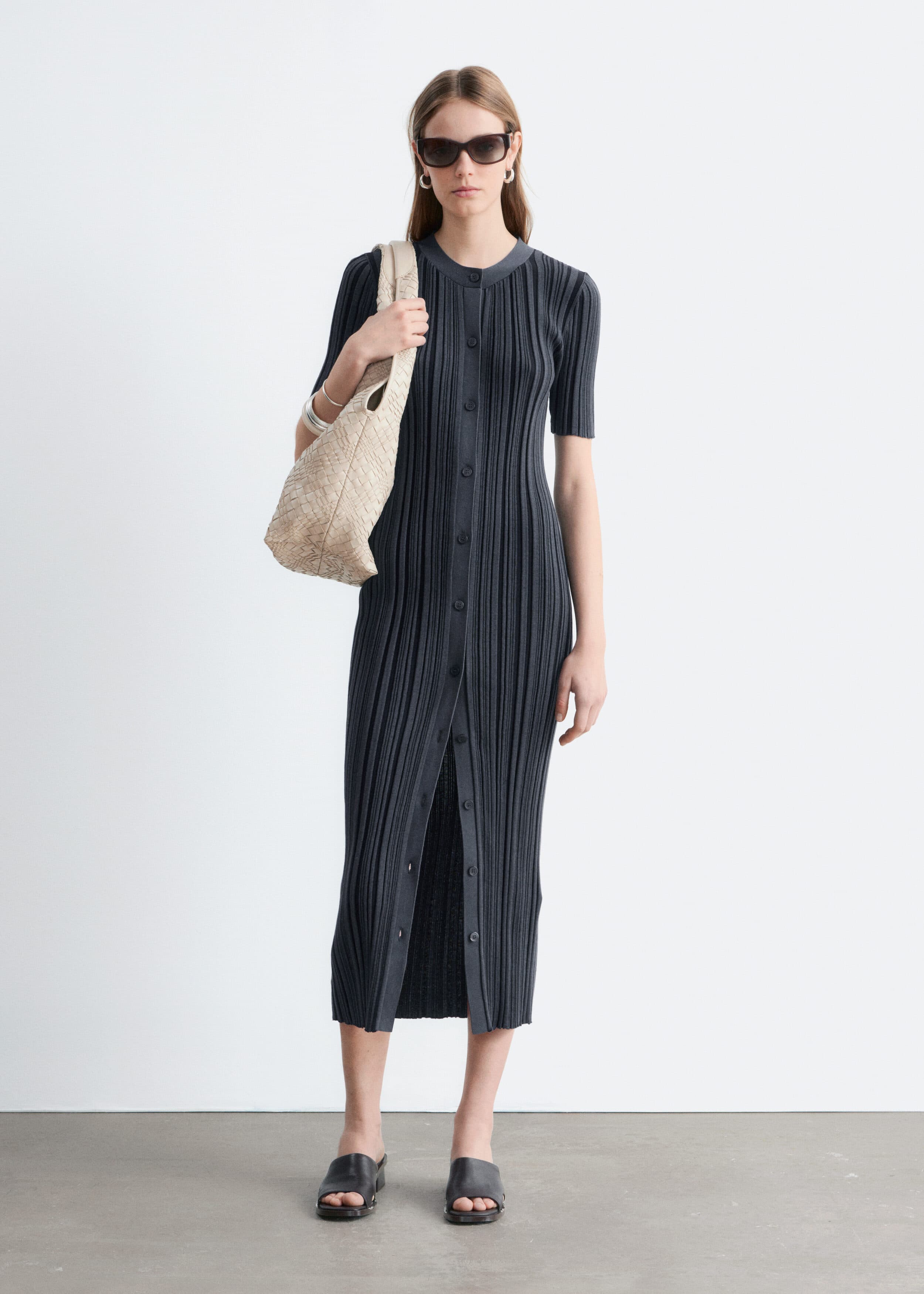 Rib-Knit Midi Dress - Dark Grey