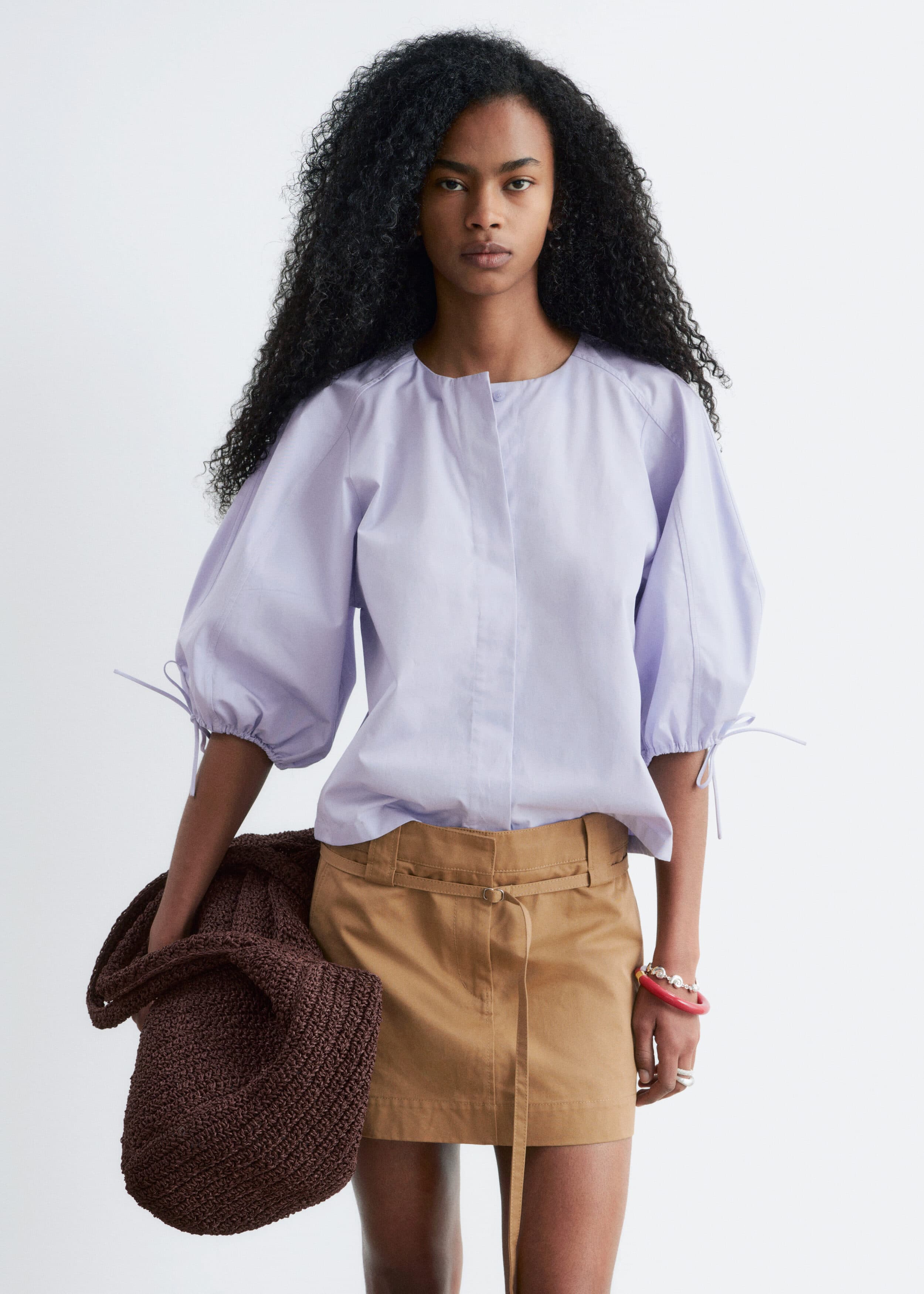 Volume-Sleeve Cotton Blouse - Lavender Grey