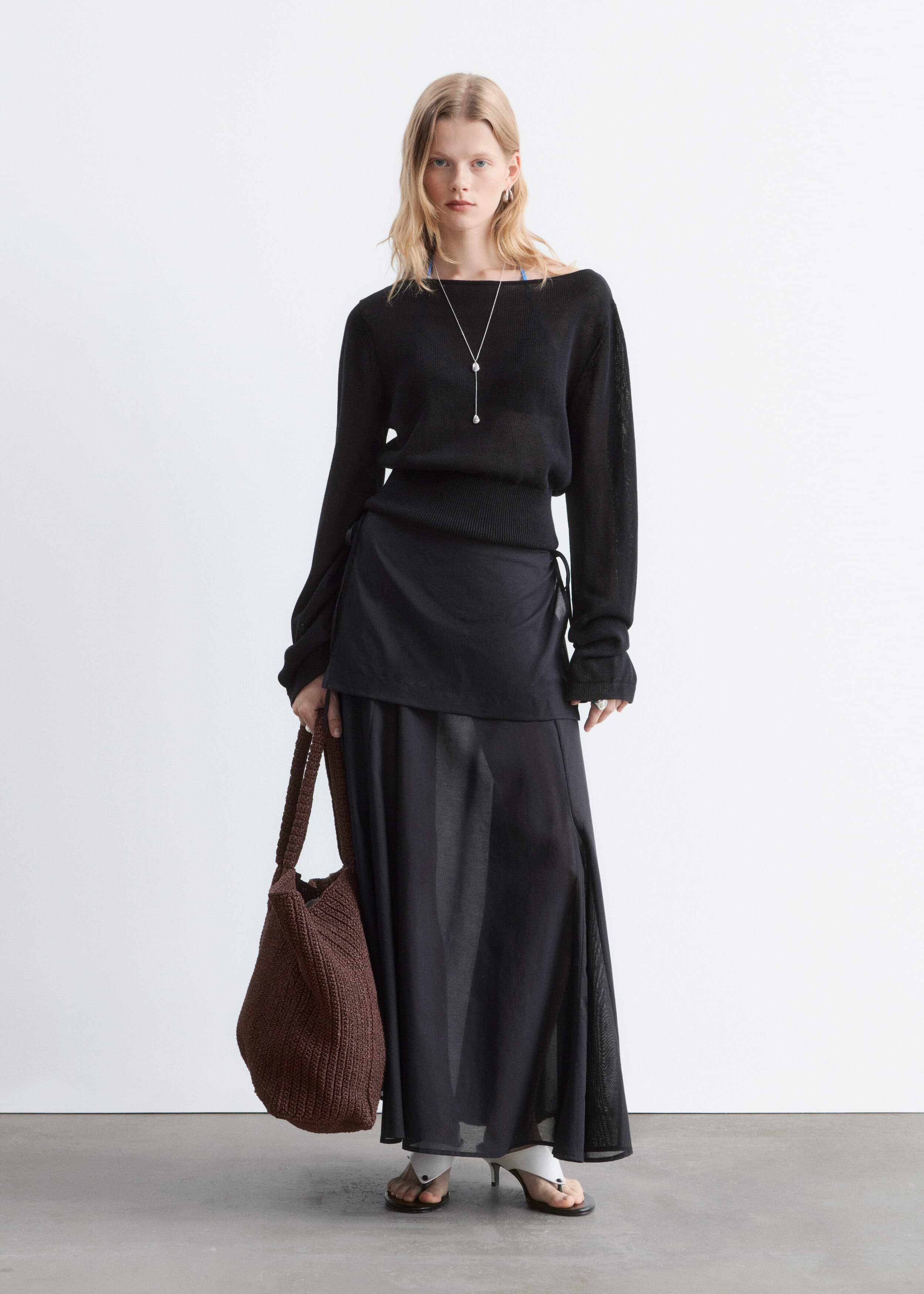 Sheer Apron Midi Skirt - Black