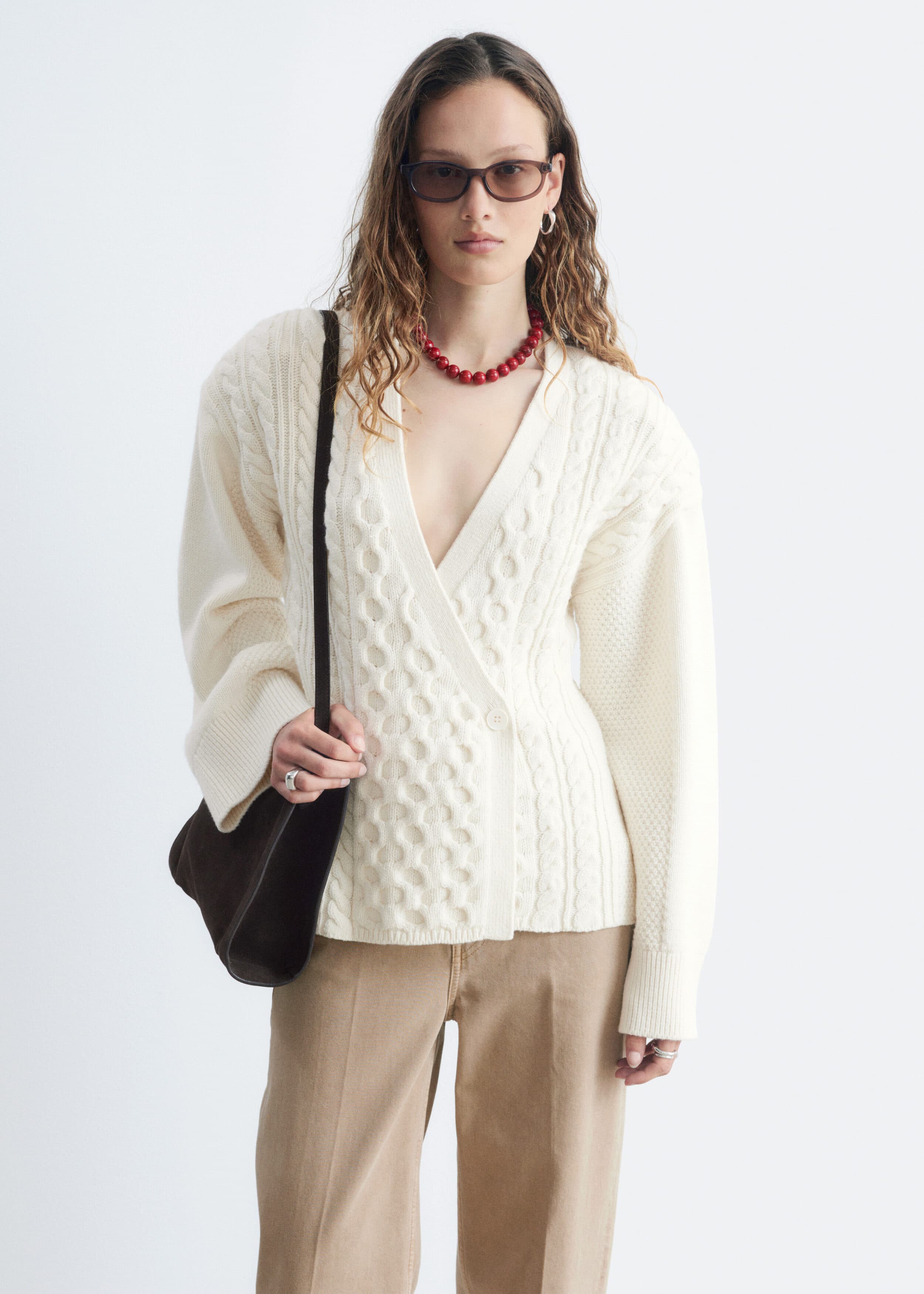 Wool-Cotton Cable Knit Cardigan - White