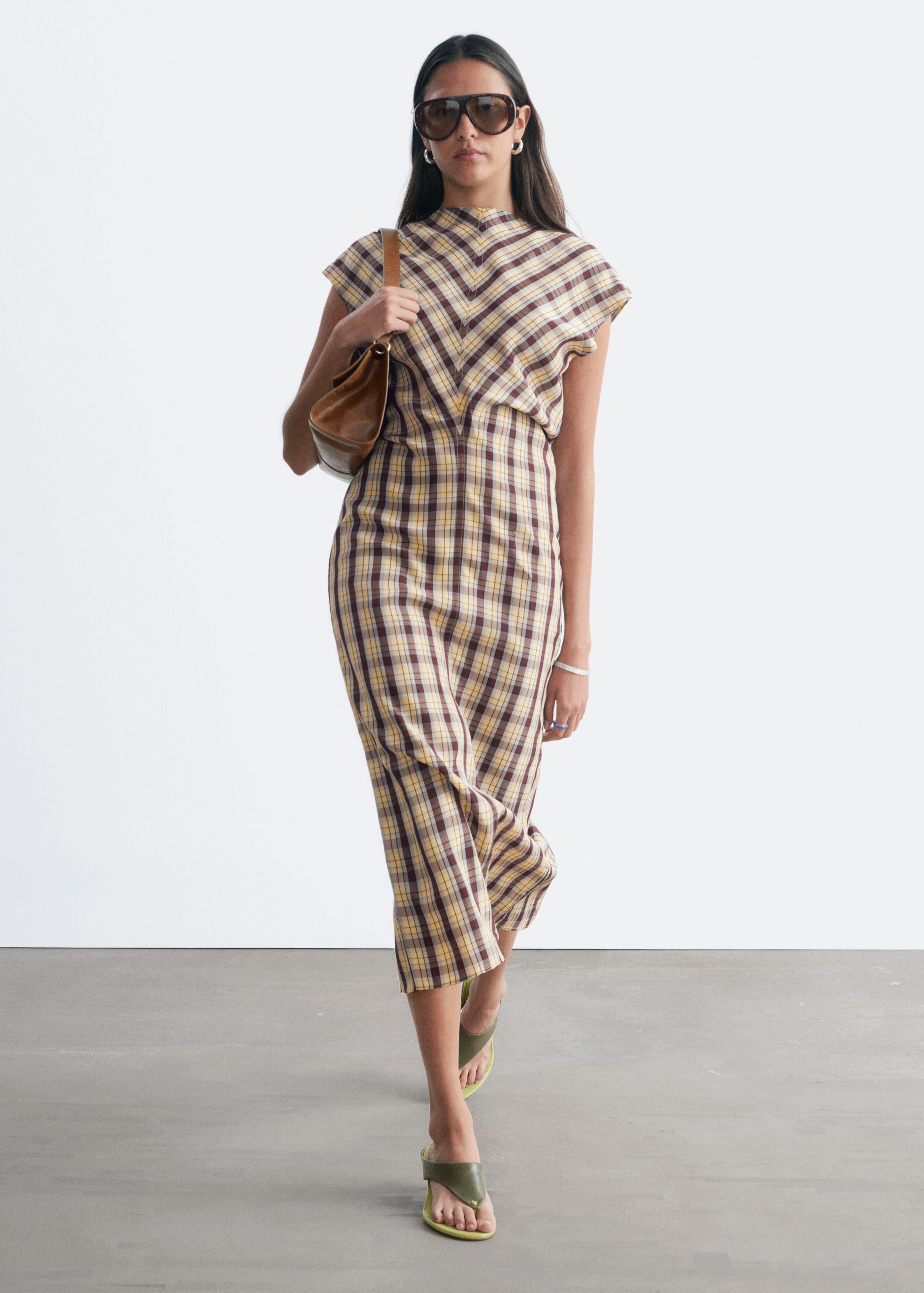Cap Sleeve Midi Dress - Dark Red/Yellow