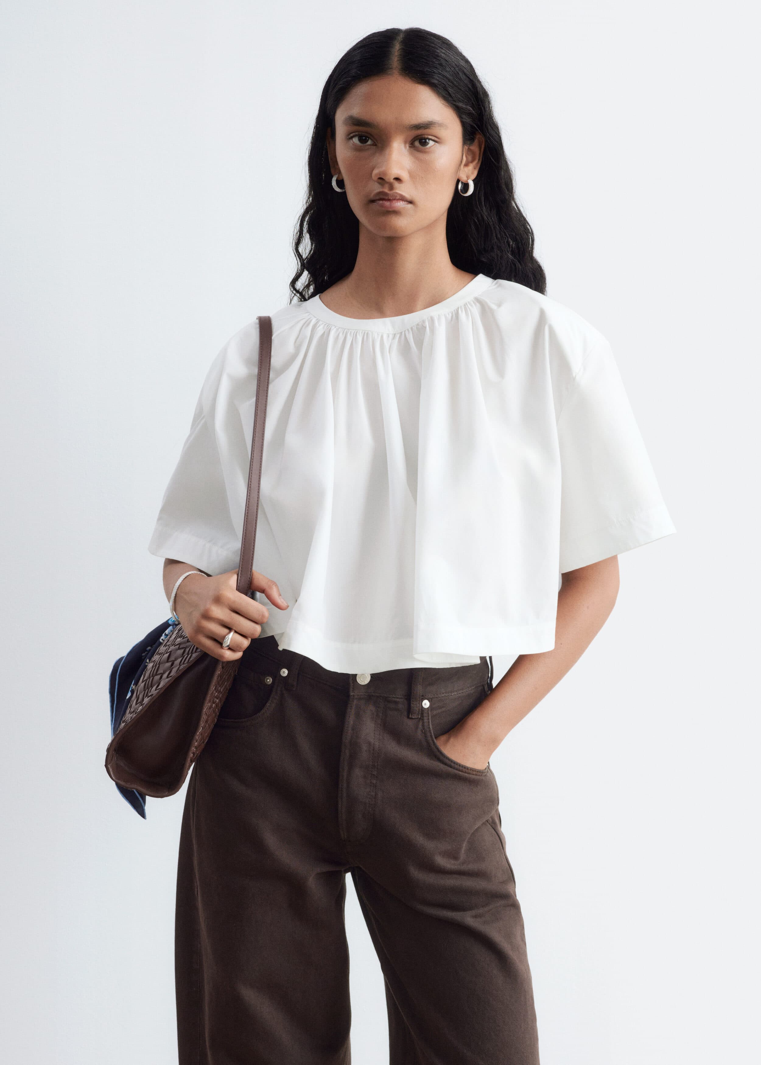 Gathered Cotton Crop Blouse - White