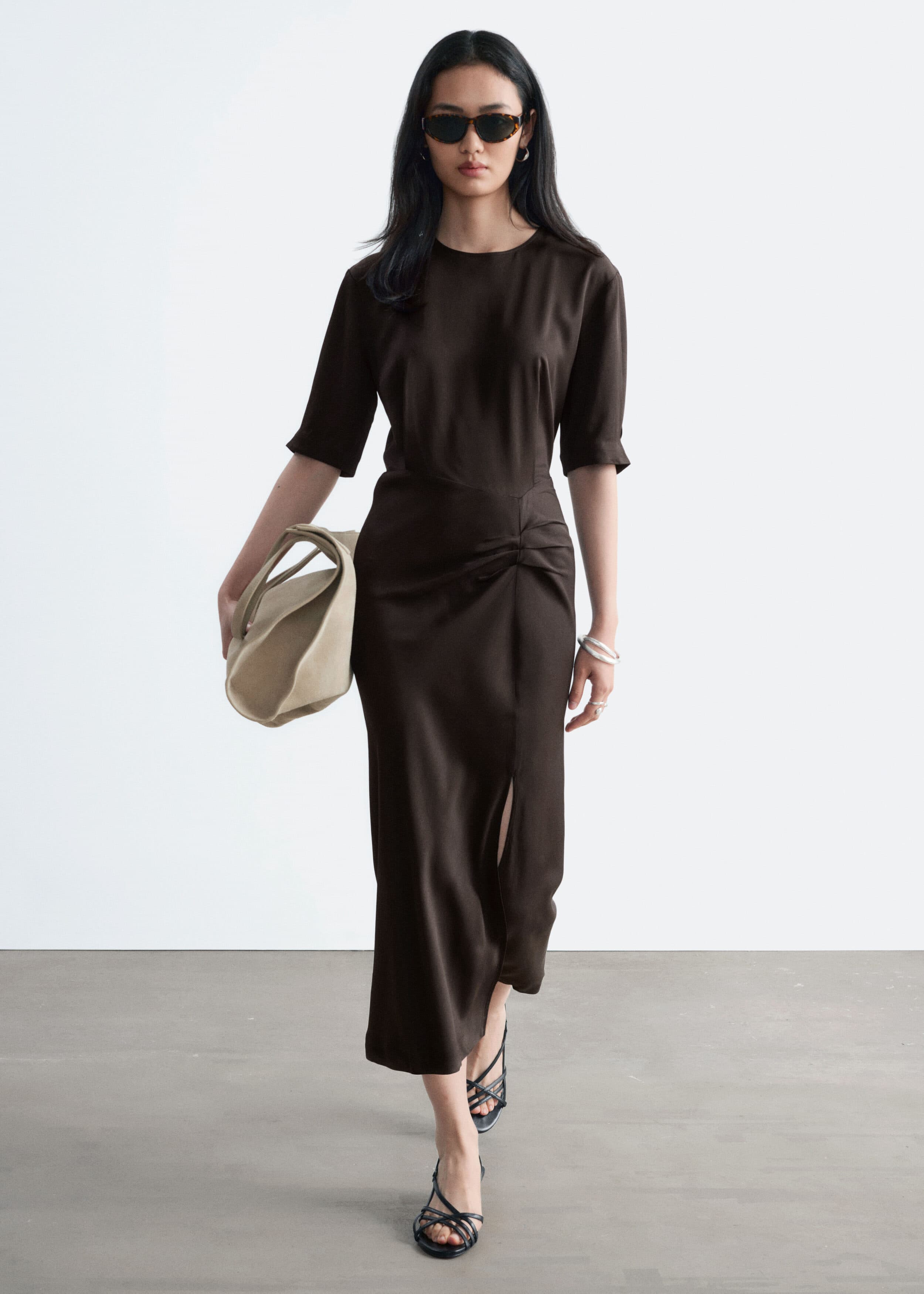 Pleat-Detail Midi Dress - Dark Brown
